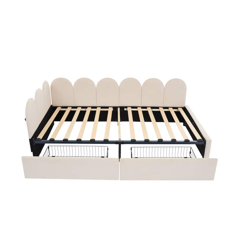 Beige Twin Size Velvet Daybed with Drawers and Soft Headboard