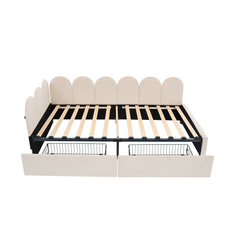 L-Shape Garden Backrest Daybed, Velvet Upholstered Sofabed with 2 Drawers, Soft Fabric Headboard Platform Bed Frame