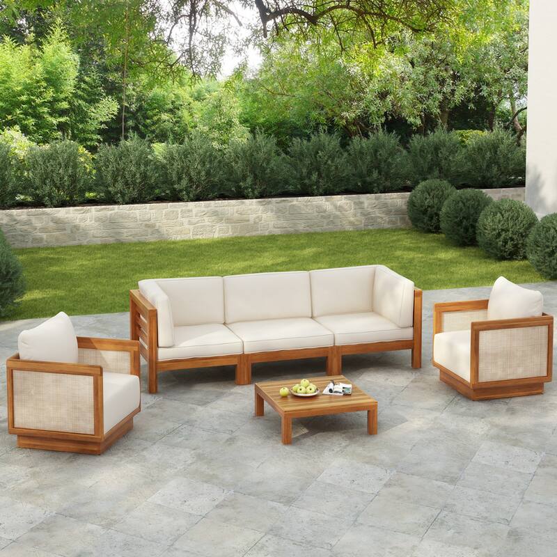 Christopher Knight Home - Calliope Acacia Wood 6 Piece Outdoor Chat Set - Teak Finish+Beige Cushion+Fawn Textilene
