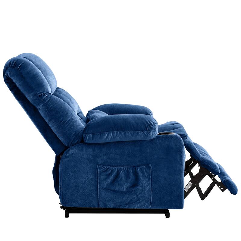 HomeRoots 38" Blue Tufted Velvet Heated Massage Lift Assist Recliner With USB