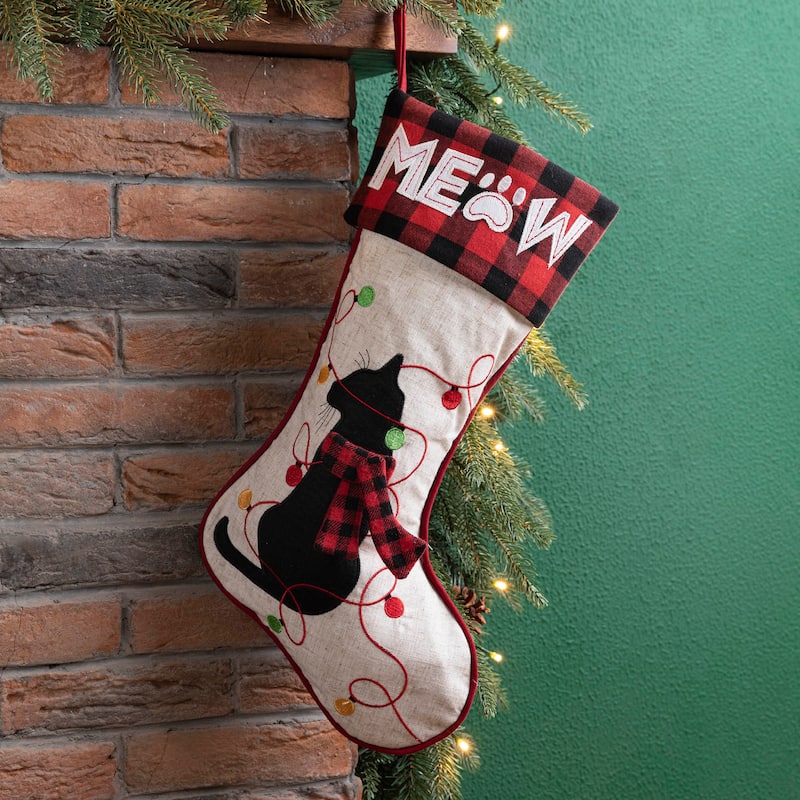 Glitzhome 21"L LED Embroidered Linen Reindeer Cat Dog Christmas Stockings