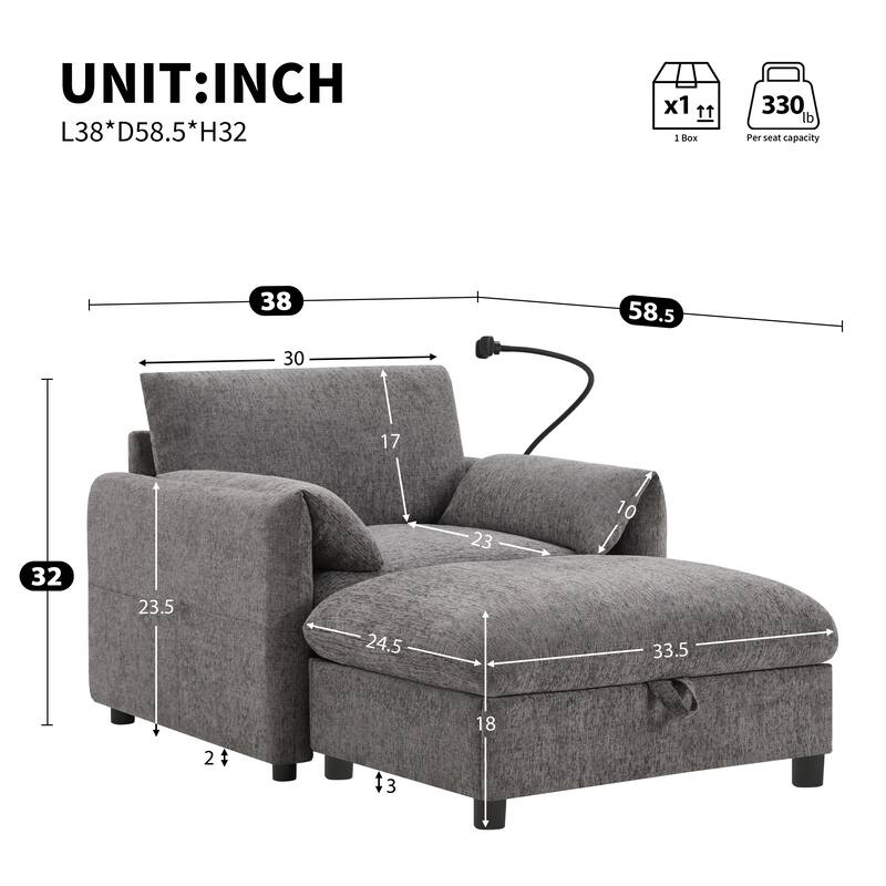 38" Chenille Storage Sofa with Ottoman - Features USB Charger, Phone Holder & Side Pockets for Living Room