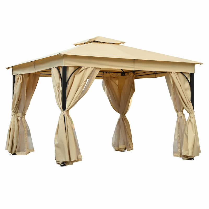 Outdoor Gazebo Tent with Double Roof, Mosquito Netting & Privacy Screens