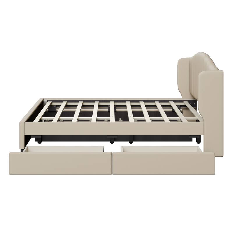 Queen Size Upholstered Bed Frame with Wingback Headboard Trundle and 2 Drawers, Center Support Legs Platform Bed Frame