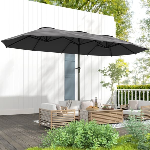 close patio umbrella Otryad 14.86 ft. Steel Market Outdoor Patio Umbrella with 12-Ribs Crank Open/Close System, Double Sided Umbrella in Light Green