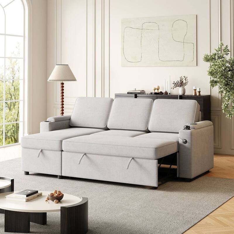 85.8" Upholstery Sleeper Sectional Sofa Pull Out Sofa Bed with Storage Space