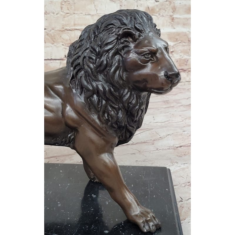 J. Moigniez Bronze Guardian Lion Statue Sculpture Figure On Marble Base 11 Inches X 14 Inches