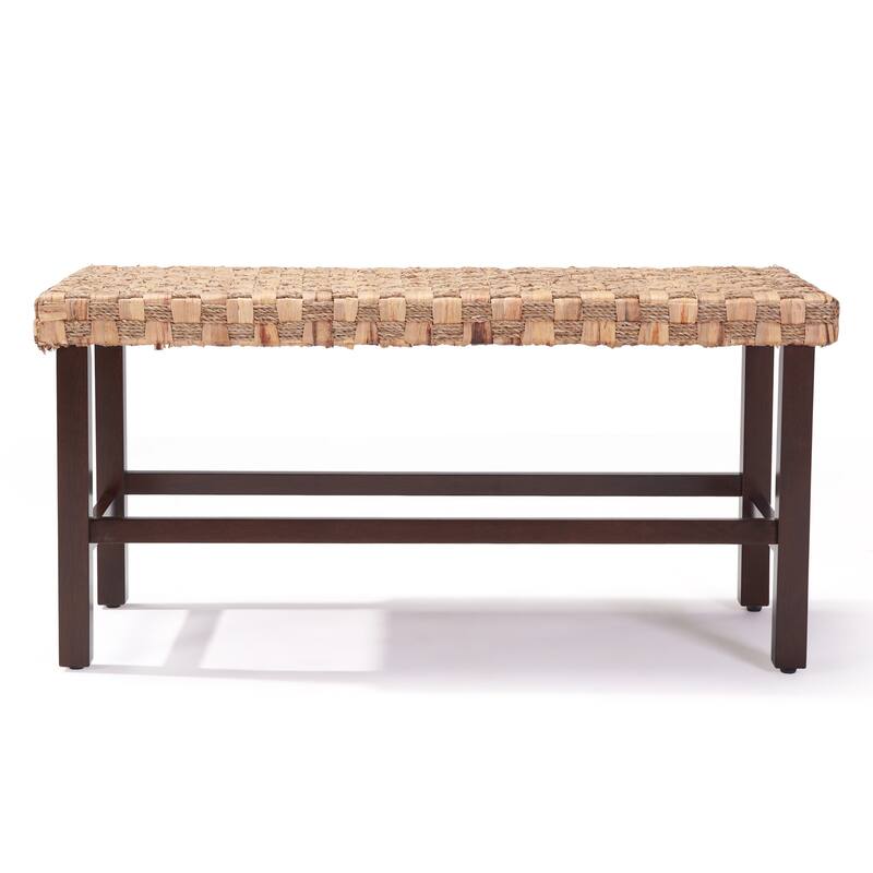 37.4" Rattan Bench With Wood Legs For Entryway