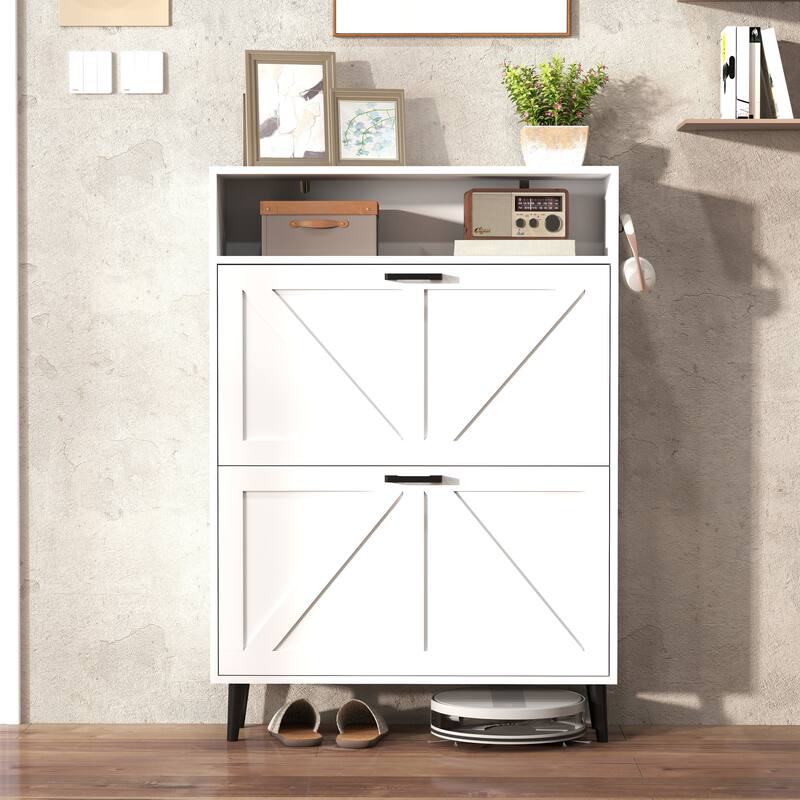 Shoe Cabinet with 2 Flip Drawers & Open Storage,Farmhouse Shoe Storage Cabinet for Entryway, Freestanding Organizer Rack
