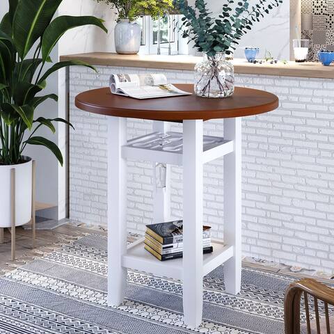 Round Counter Height Kitchen Dining Table with Storage Shelf and Glass Holder, Cherry+White