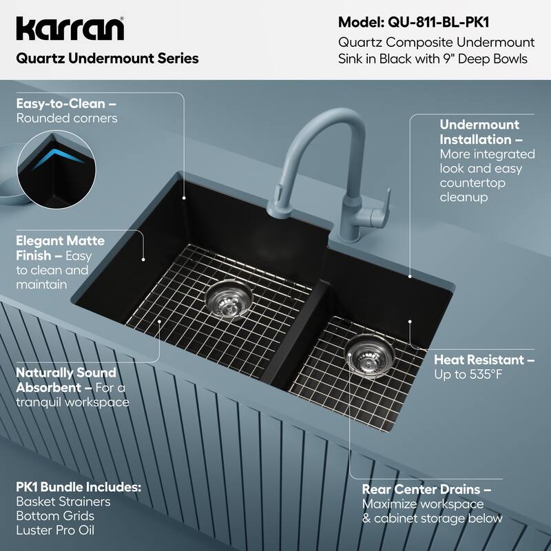 Karran 32" Undermount Large/Small Bowl Quartz Kitchen Sink Kit - 32" x 21.25" x 9"