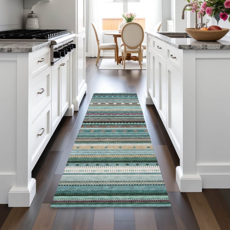 Machine Washable Indoor/Outdoor Boho Stripes Chantille Rug