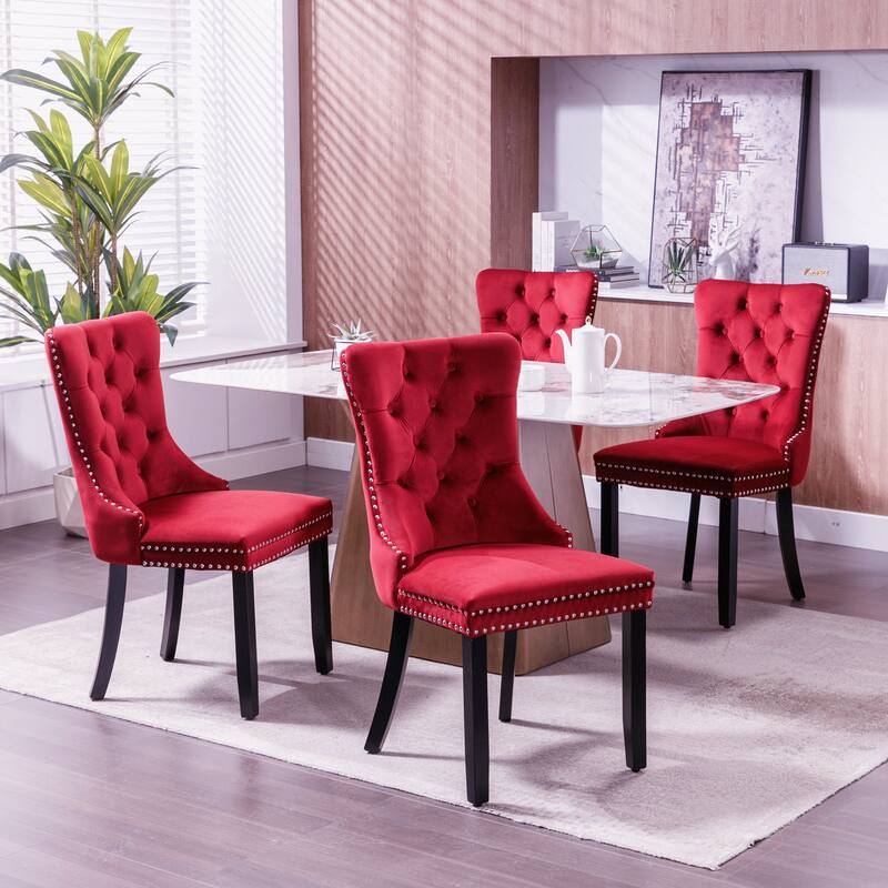 Set of 2 Velvet Upholstered Dining Chairs with Nailhead Trim and Wooden Legs