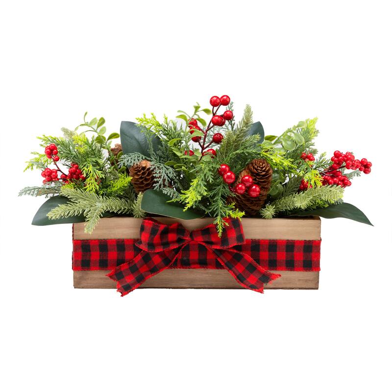 National Tree Company 17 in. Artificial Feel Real Christmas Classic Centerpiece with Red Berries, Cypress Tips - 17 in