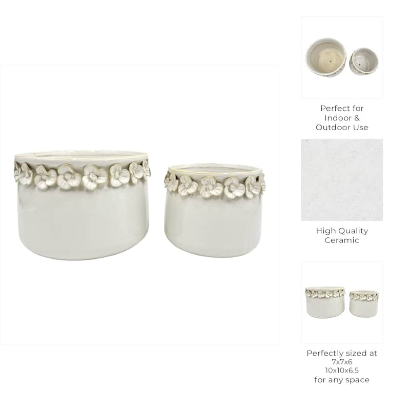 Ceramic Round Planter Sculpted Floral Rim Detail and Drainage Hole