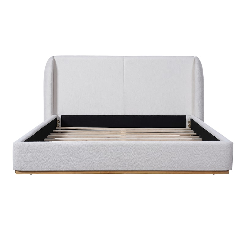 White Low Profile Platform Bed Ground Bed Boucle Frame with Upholstered Wingback Headboard