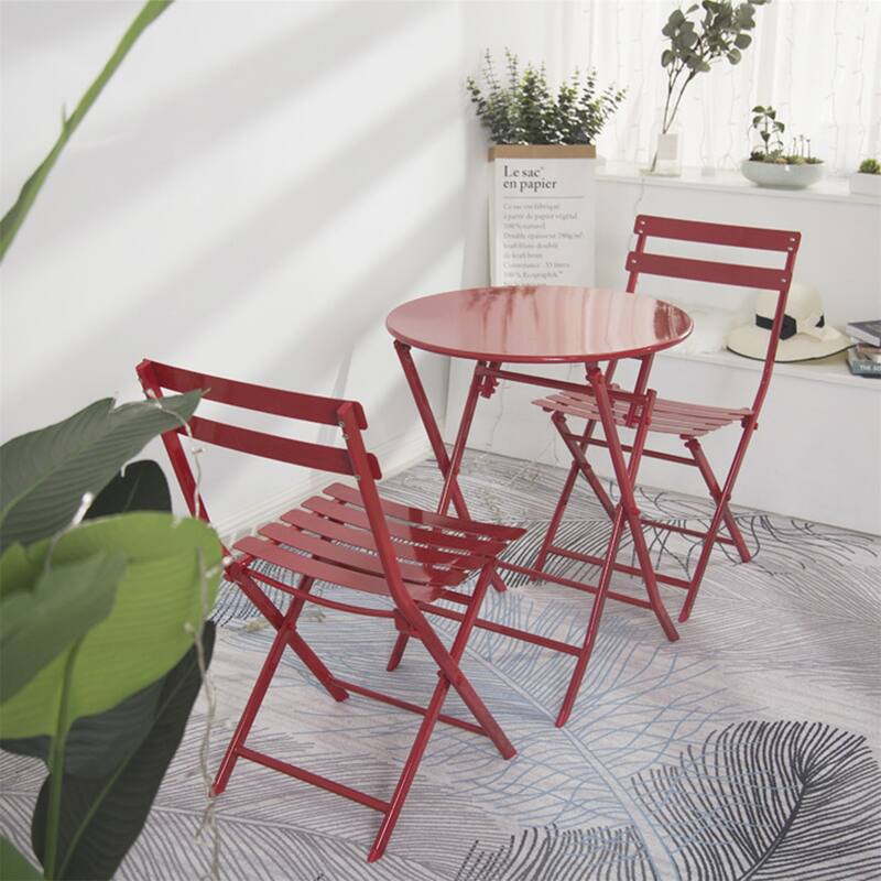 3 Piece Foldable Outdoor Metal Bistro Set with Round Table and Chairs