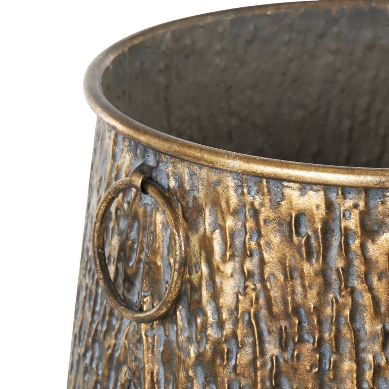 Brass Metal Textured Abstract Indoor Outdoor Planter with Gray Weathered Spots and Ring Handles (Set of 2)