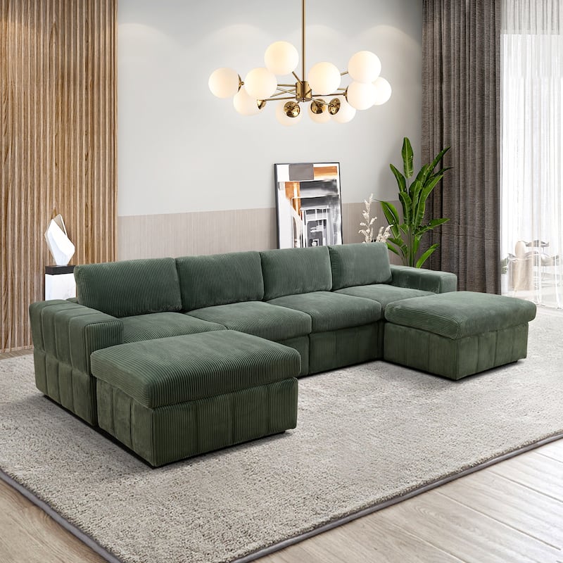 132'' U-Shaped Corduroy Sectional Sofa Couch with Ottomans for Living Room - Green