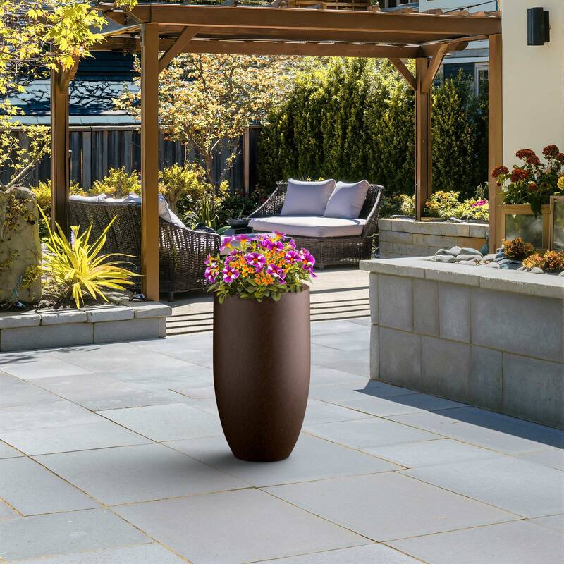 Textured Granite Gray Tall Concrete Round Plant Pots / Large Indoor and Outdoor flower Planters (13.5 Inch x 24.5 Inch)