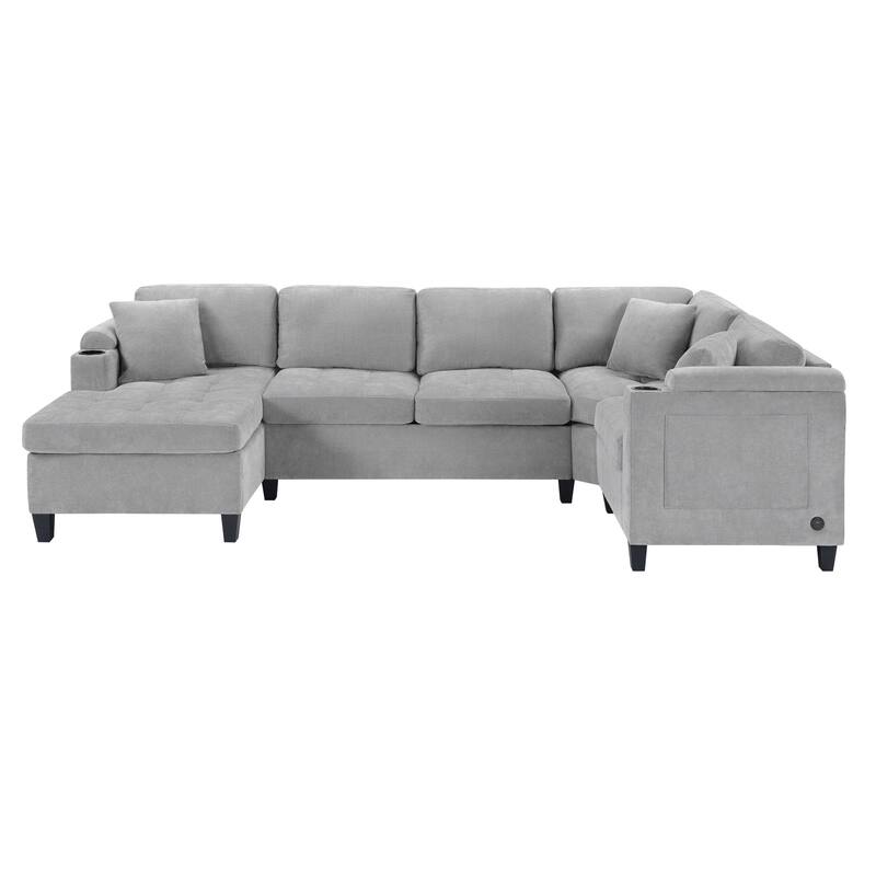 Oversized Corner Sectional, Modern U-Shaped Sectional Sofa with Built-in Storage Boxes and Dual Cup Holders, USB Ports, Pockets