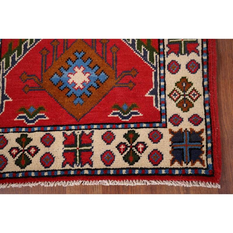 Geometric Red Kazak Accent Rug Hand-Knotted Wool Carpet - 2'1" x 2'11"