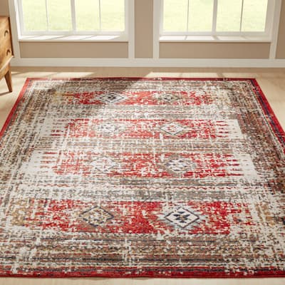 Porch & Den Quinault Distressed Red Stripe and Diamond Area Rug
