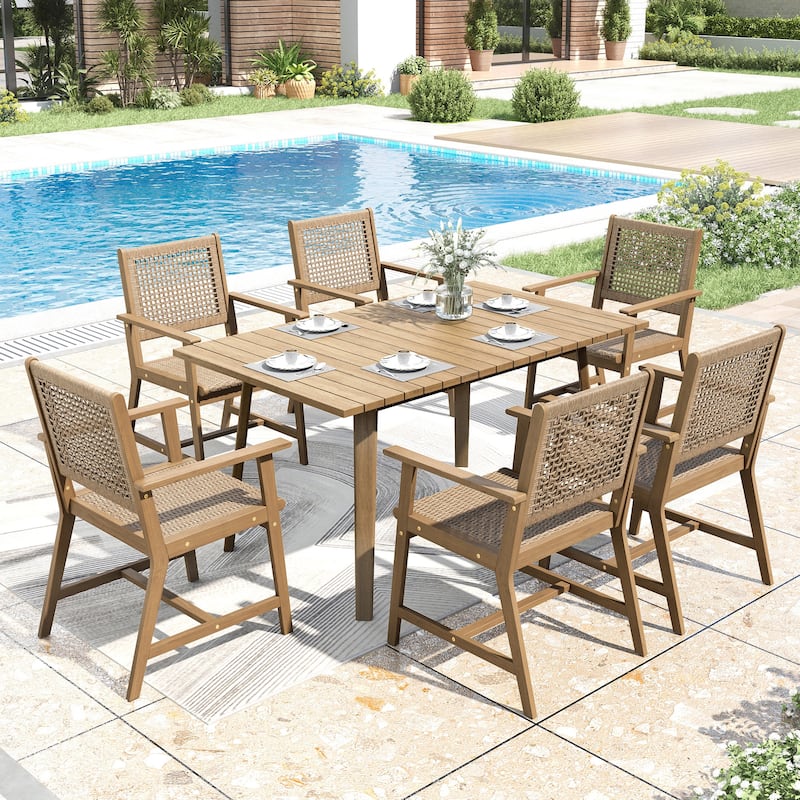 MAISON ARTS 7/9-Piece Acacia Wood Outdoor Dining Set, Teak Wooden Table & Dining Chairs with Wicker Seat and Back - 7-Piece Light Brown