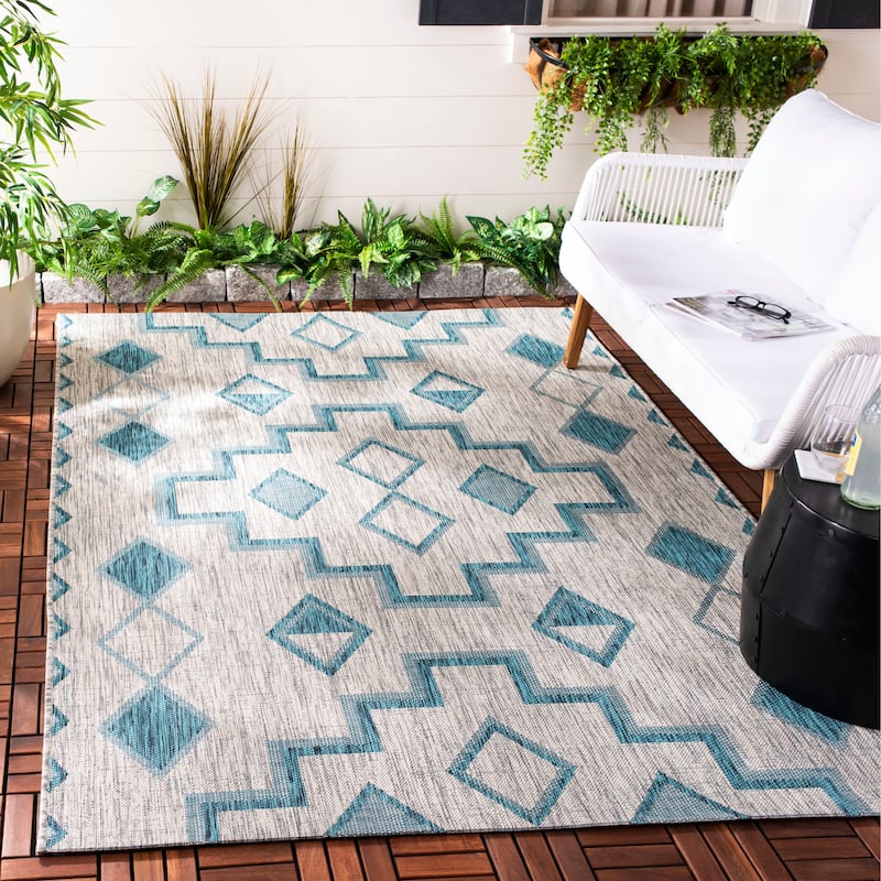 SAFAVIEH Courtyard Cemre Indoor/ Outdoor Waterproof Patio Backyard Rug - 5'3" x 7'7" - Grey/Teal