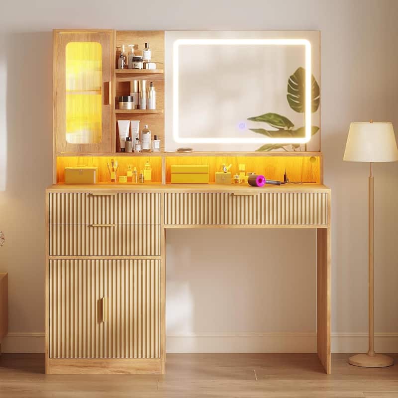 Makeup Vanity Desk Mirror LED Lights Charging Station RGB Lights Drawers Cabinet