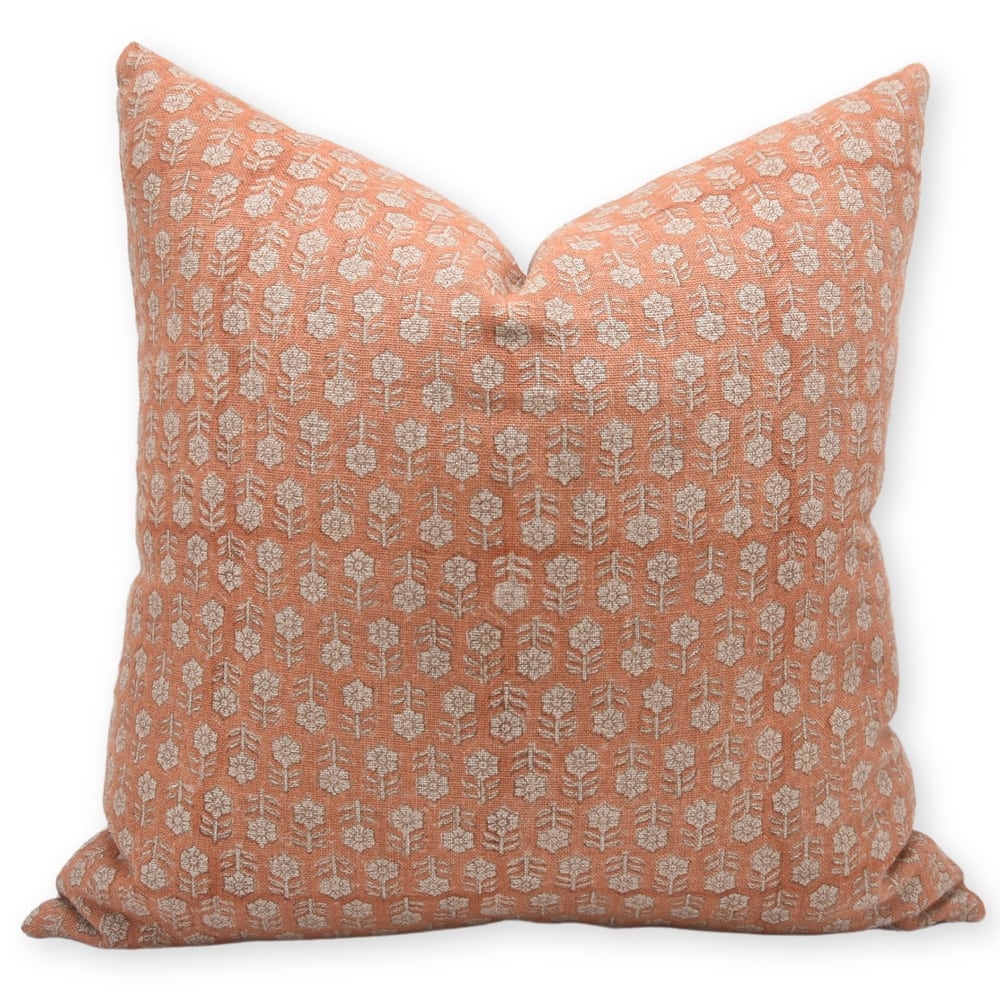 Fabdivine Floral Linen Block Print Cushion Case Rustic Office Home Décor, Orange, Tulsi Buti