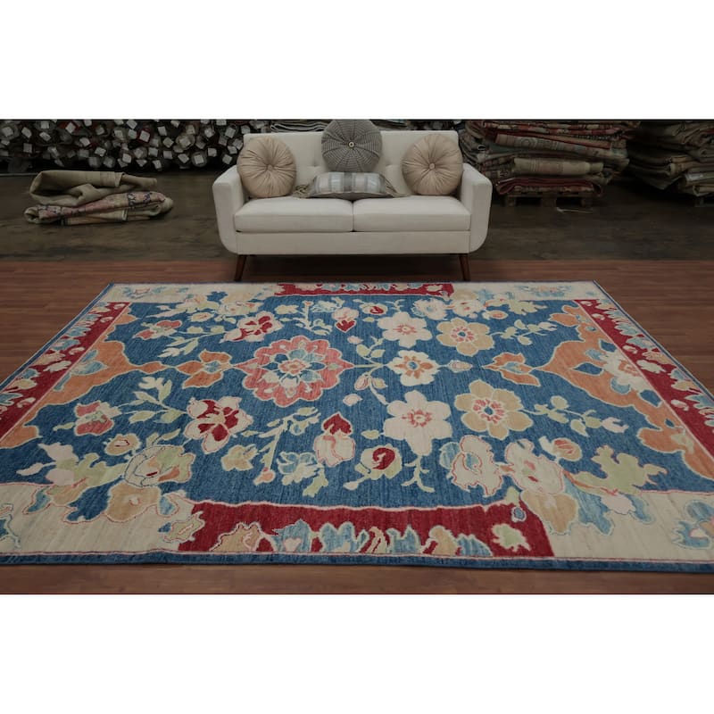 Hand Knotted Oriental 100% Wool Carpet Transitional All-Over Navy Blue & Blues Oushak Area Rug - 9' 10'' X 8' 2''