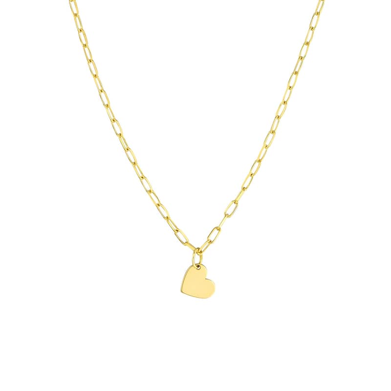 Curata 14k Yellow Gold 18" 7.4mm Heart Tag on 1.7mm Paperclip Chain Necklace