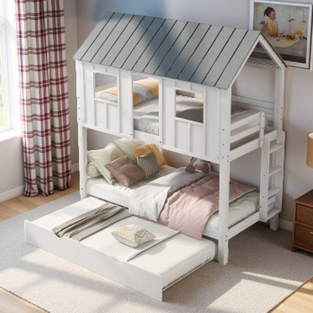 Twin Size House Bunk Bed with Trundle, Roof & Windows, White and Grey, Space-Saving Design with Safety Guardrails for Kids