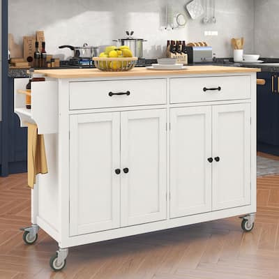 Kitchen Island Cart with Solid Wood Top, 4 Door Cabinet, 2 Drawers, Spice & Towel Rack, Locking Wheels, 54.3" - White