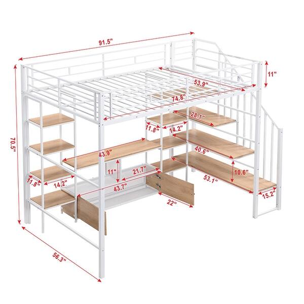 dimension image slide 0 of 2, Full Size Loft Bed with Staircase & Guardrails, Heavy Duty Metal Loft Bed Frame with Low Storage Table and Storage Shelves