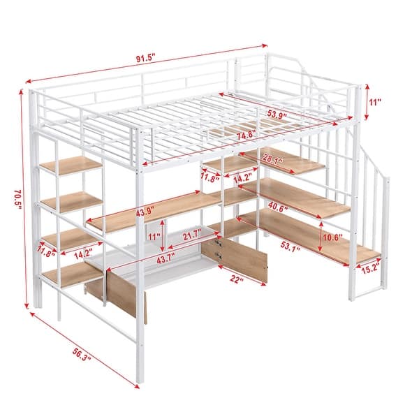 dimension image slide 1 of 2, Full-Size Metal Loft Bed with Staircase, Built-In Low Storage Desk, and Multi-Tier Shelving for Space-Saving Versatility