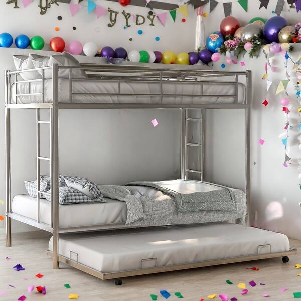 slide 2 of 39, Twin over Twin Bunk Bed with Trundle,Modern Design,Easy Assembly,Saving Space,Silver Silver
