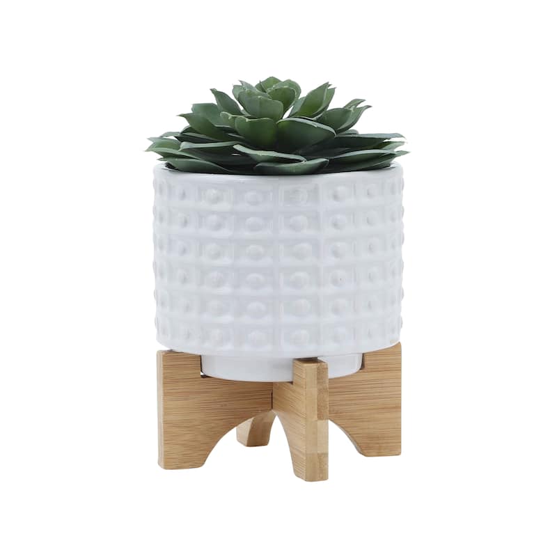 Sagebrook Home Handmade Ceramic Planter Pot with Natural Wood Stand