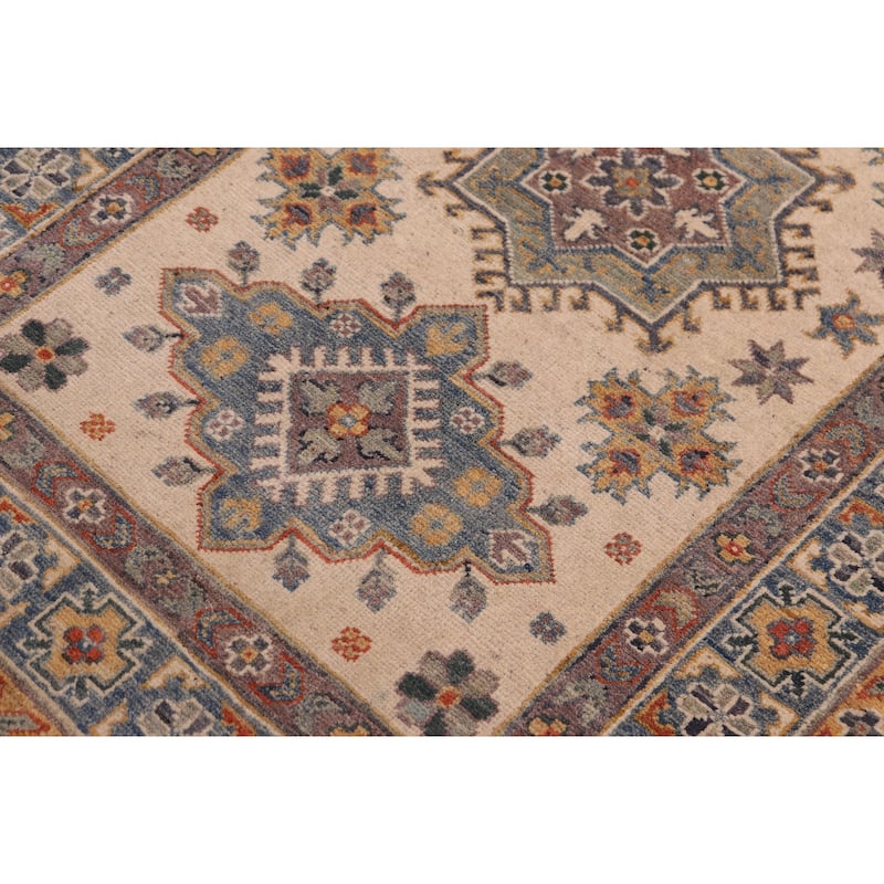 Southwestern Kazak Rory Beige/Light Blue Wool Rug - 3'3'' x 4'10''