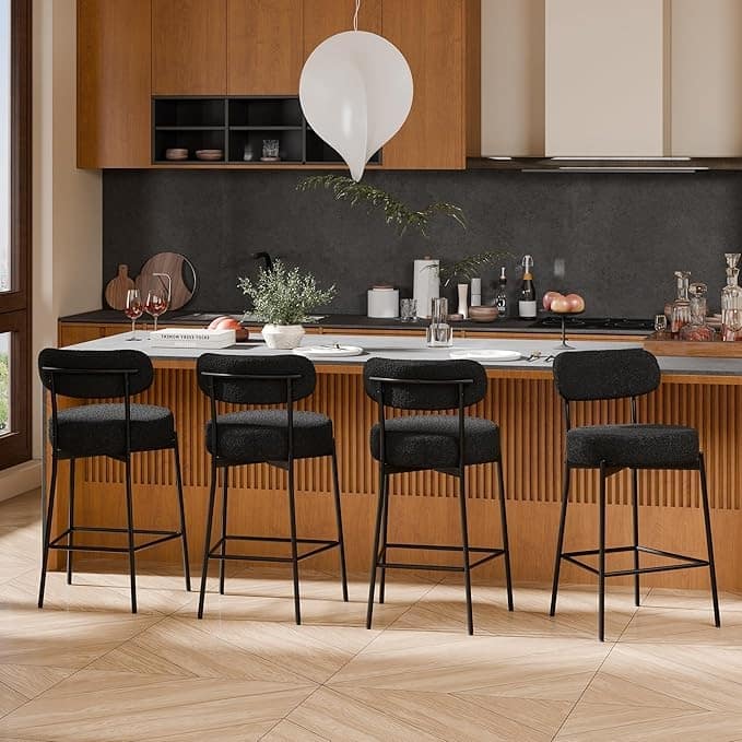XINMICS 24 Inches Modern Counter Height Bar Stools with Curved Back Metal Legs, Upholstered Boucle Barstools, Set of 2/3/4 - Set of 4 - Black - Counter Height