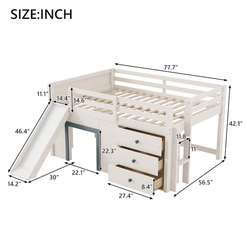Full Size Low Loft Bed with Slide, 3 Storage Drawers and 2 Doors