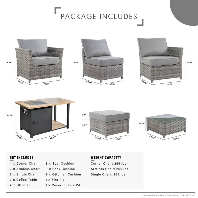 HOOOWOOO 13-piece Grey Wicker Rattan Patio Outdoor Sectional Set with Fire Pit