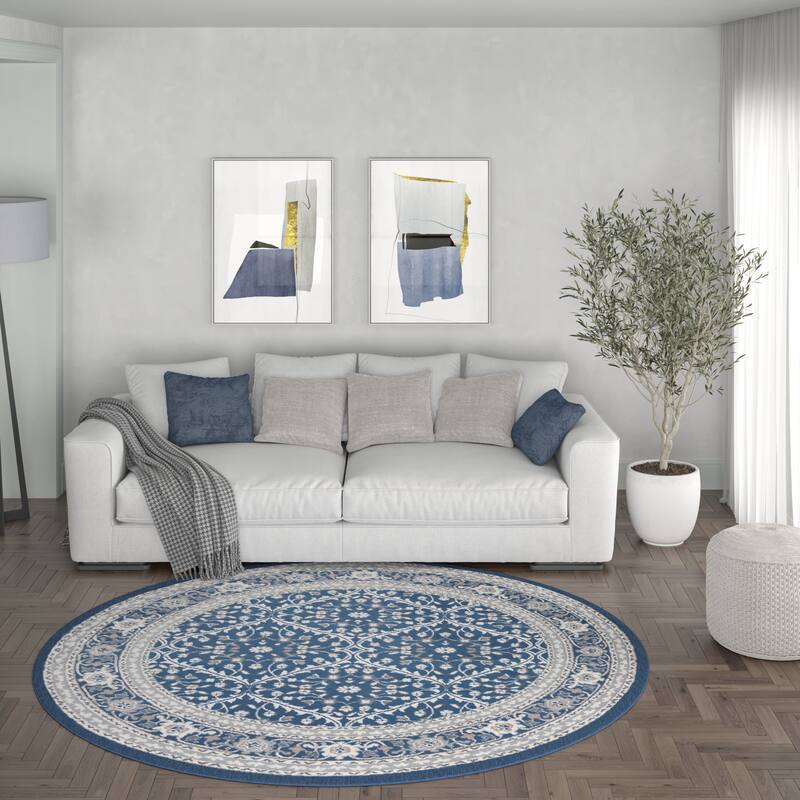 Carrington Traditional Oriental Indoor Area Rug - 5'3'' Round - Navy