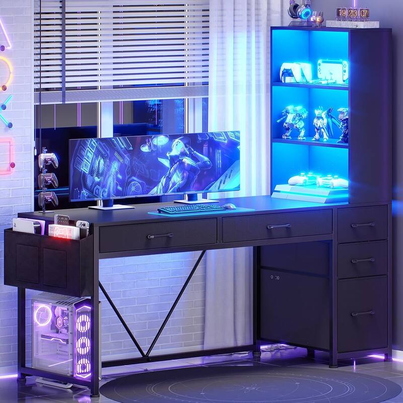 L Shaped Computer Desk 5 fabric Drawers Gaming Desk Storage Shelf