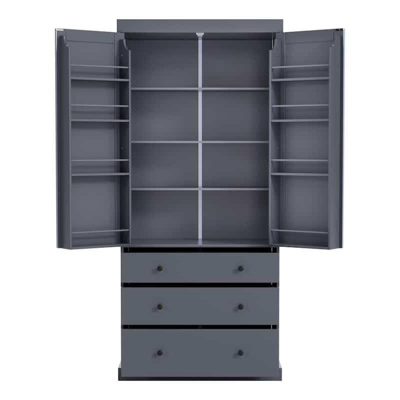 77" Farmhouse Kitchen Pantry, Freestanding Tall Cupboard Storage Cabinet with 3 Adjustable Shelves, 8 Door Shelves, 3 Drawers