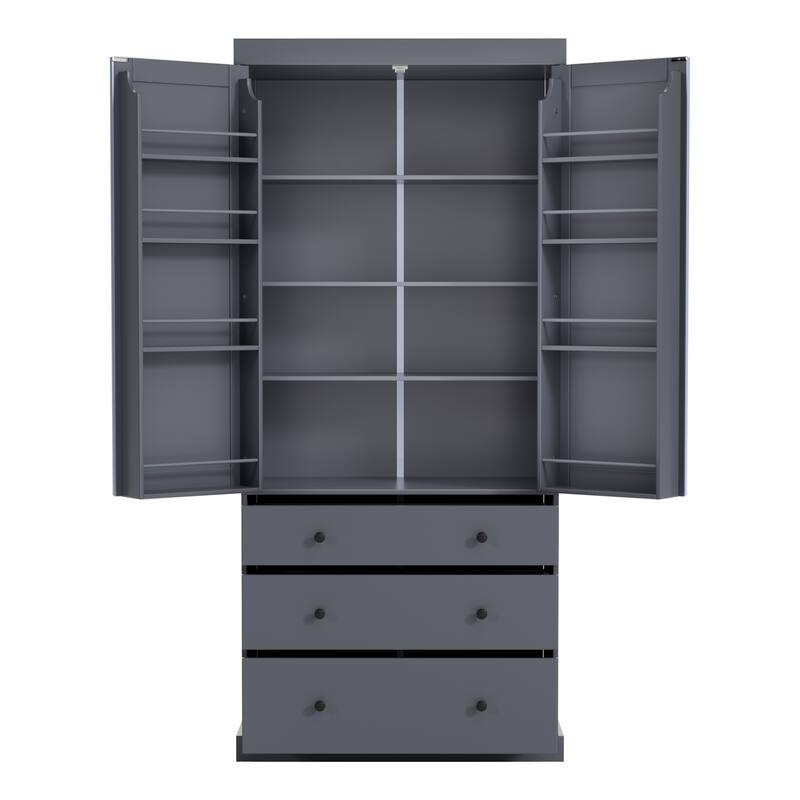 77" Farmhouse Pantry Cabinet - Tall Freestanding Storage with 3 Drawers & 11 Adjustable Shelves (8 Door + 3 Main) for Kitchen