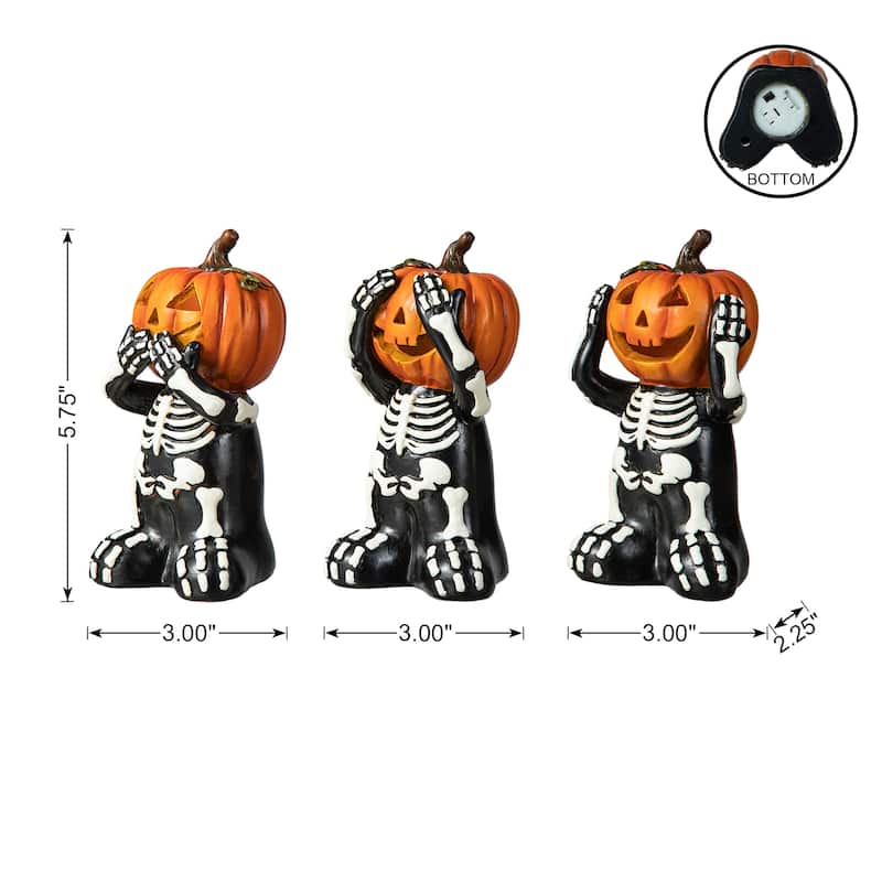 Glitzhome 5.75"H Set of 3 Halloween Resin Skeleton Pumpkin Table Decor - Black