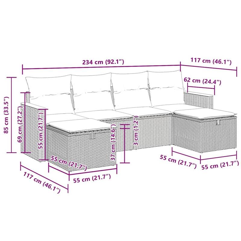 vidaXL Patio Sofa Set with Cushions Outdoor Furniture 6 Piece Poly Rattan