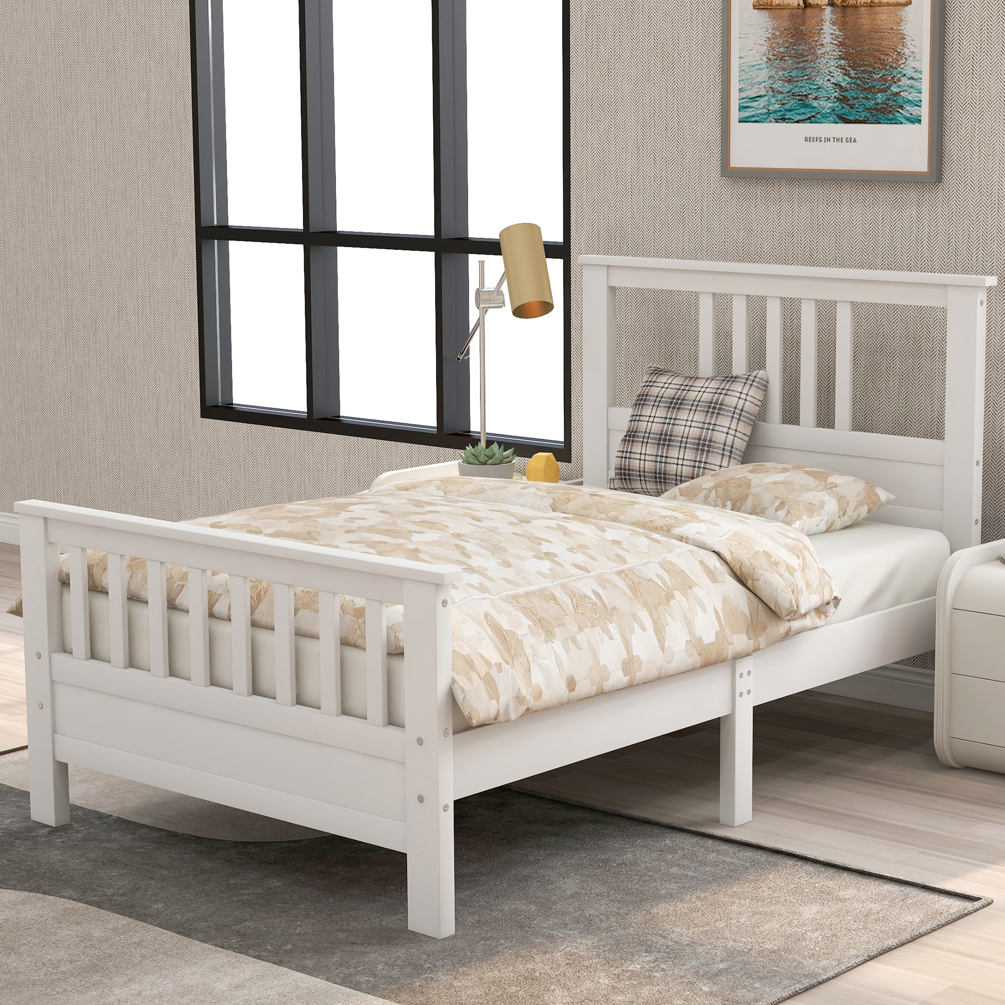 Twin Size Wood Platform Bed with Headboard and Footboard, White
